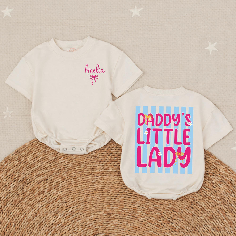 Personalized Baby Girl Bubble Romper with Pink Bow Daddy's Little Lady Blue Stripe Design Soft Cotton Outfit Gift for Girl Dad