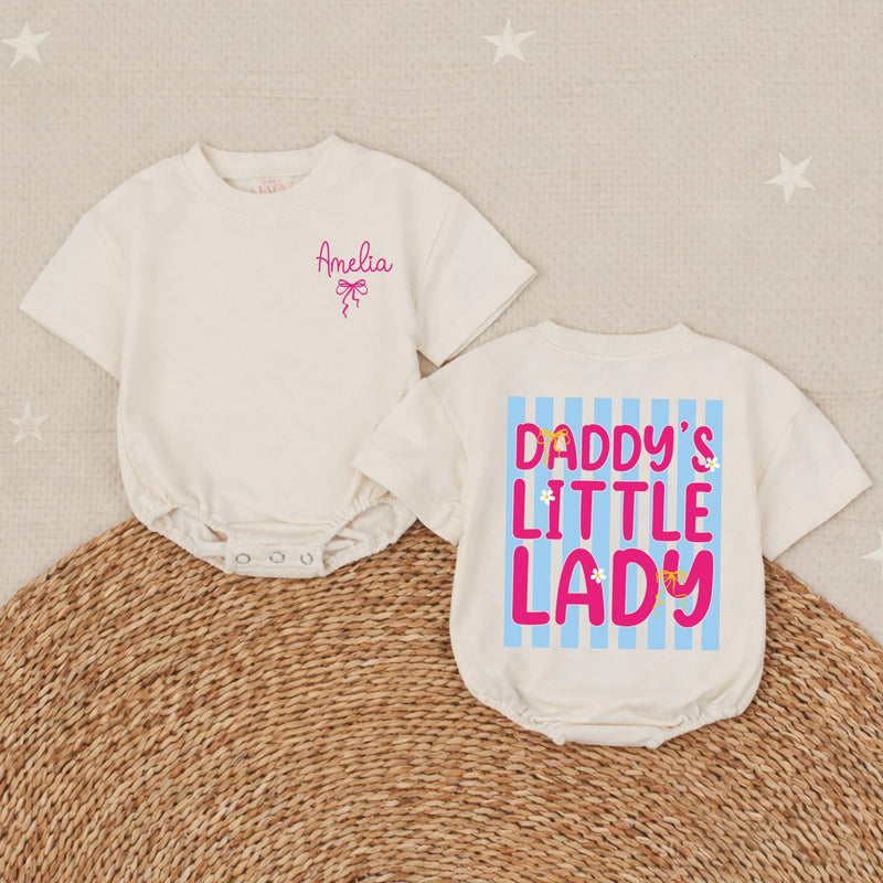 Personalized Baby Girl Bubble Romper with Pink Bow Daddy's Little Lady Blue Stripe Design Soft Cotton Outfit Gift for Girl Dad