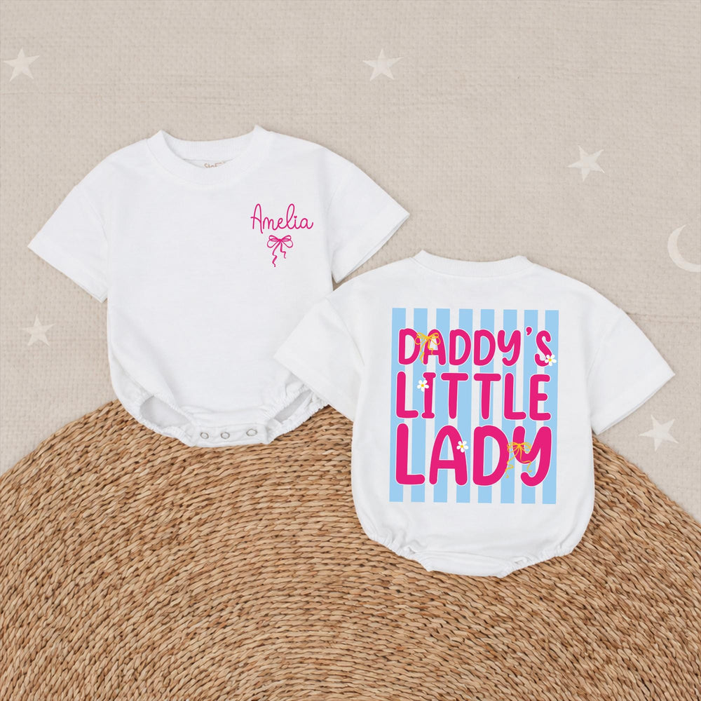 Personalized Baby Girl Bubble Romper with Pink Bow Daddy's Little Lady Blue Stripe Design Soft Cotton Outfit Gift for Girl Dad