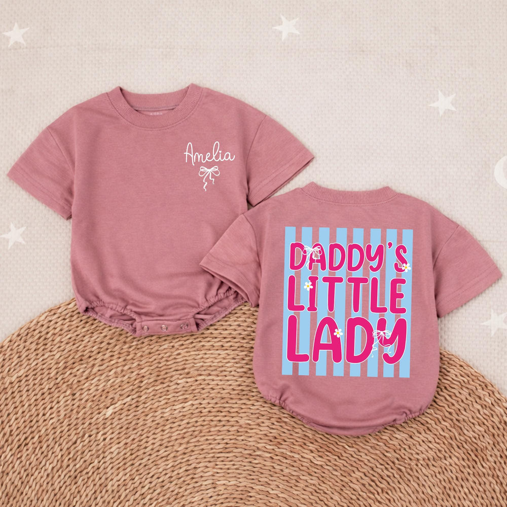 Personalized Baby Girl Bubble Romper with Pink Bow Daddy's Little Lady Blue Stripe Design Soft Cotton Outfit Gift for Girl Dad