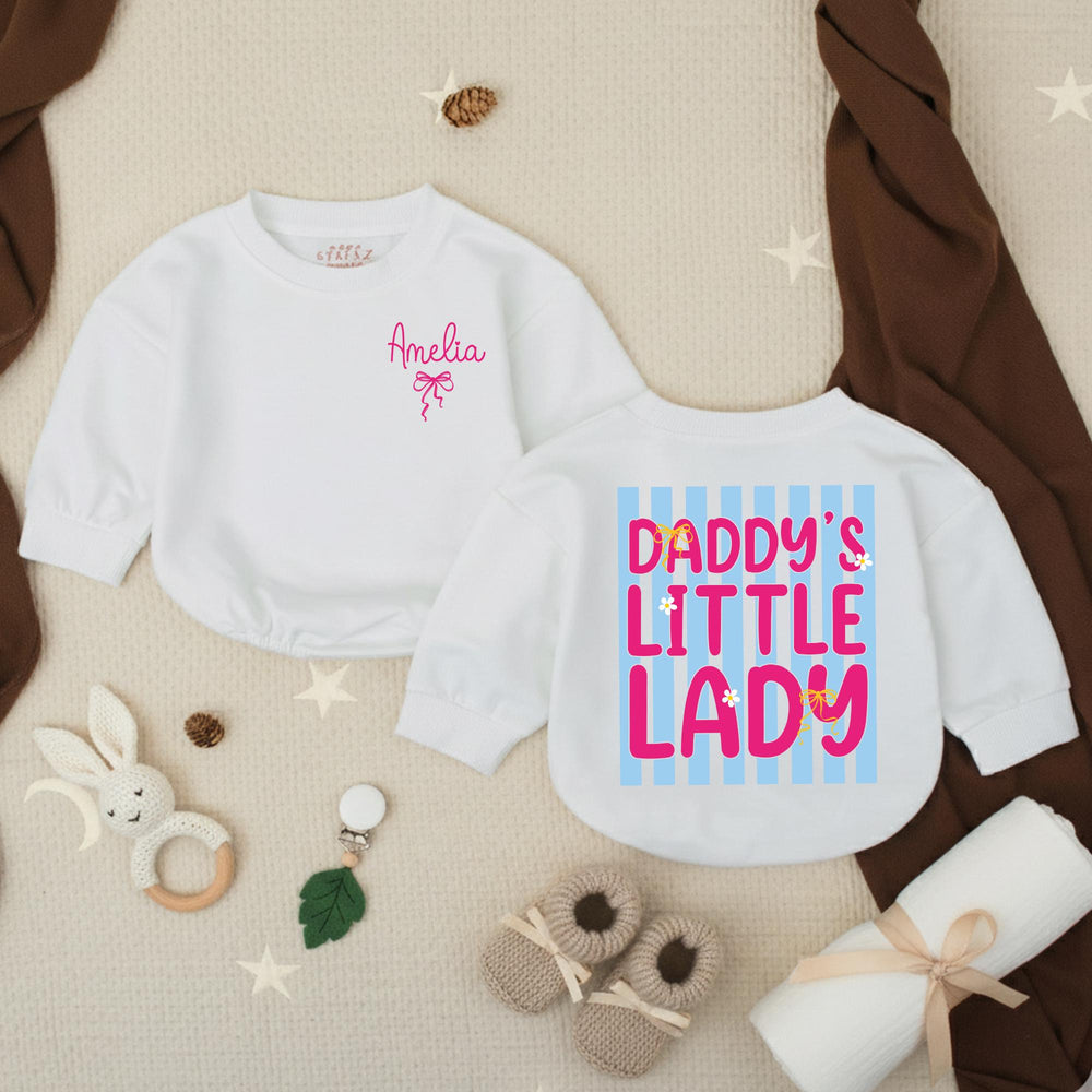 Personalized Baby Girl Bubble Romper with Pink Bow Daddy's Little Lady Blue Stripe Design Soft Cotton Outfit Gift for Girl Dad