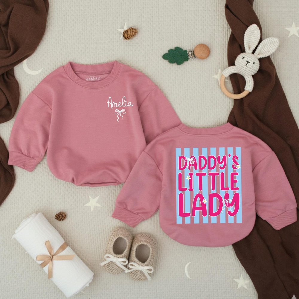 Personalized Baby Girl Bubble Romper with Pink Bow Daddy's Little Lady Blue Stripe Design Soft Cotton Outfit Gift for Girl Dad