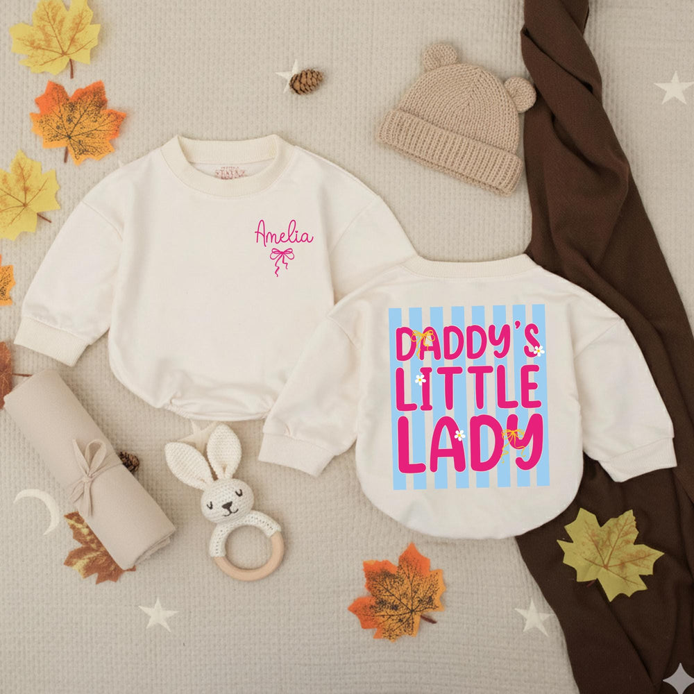 Personalized Baby Girl Bubble Romper with Pink Bow Daddy's Little Lady Blue Stripe Design Soft Cotton Outfit Gift for Girl Dad