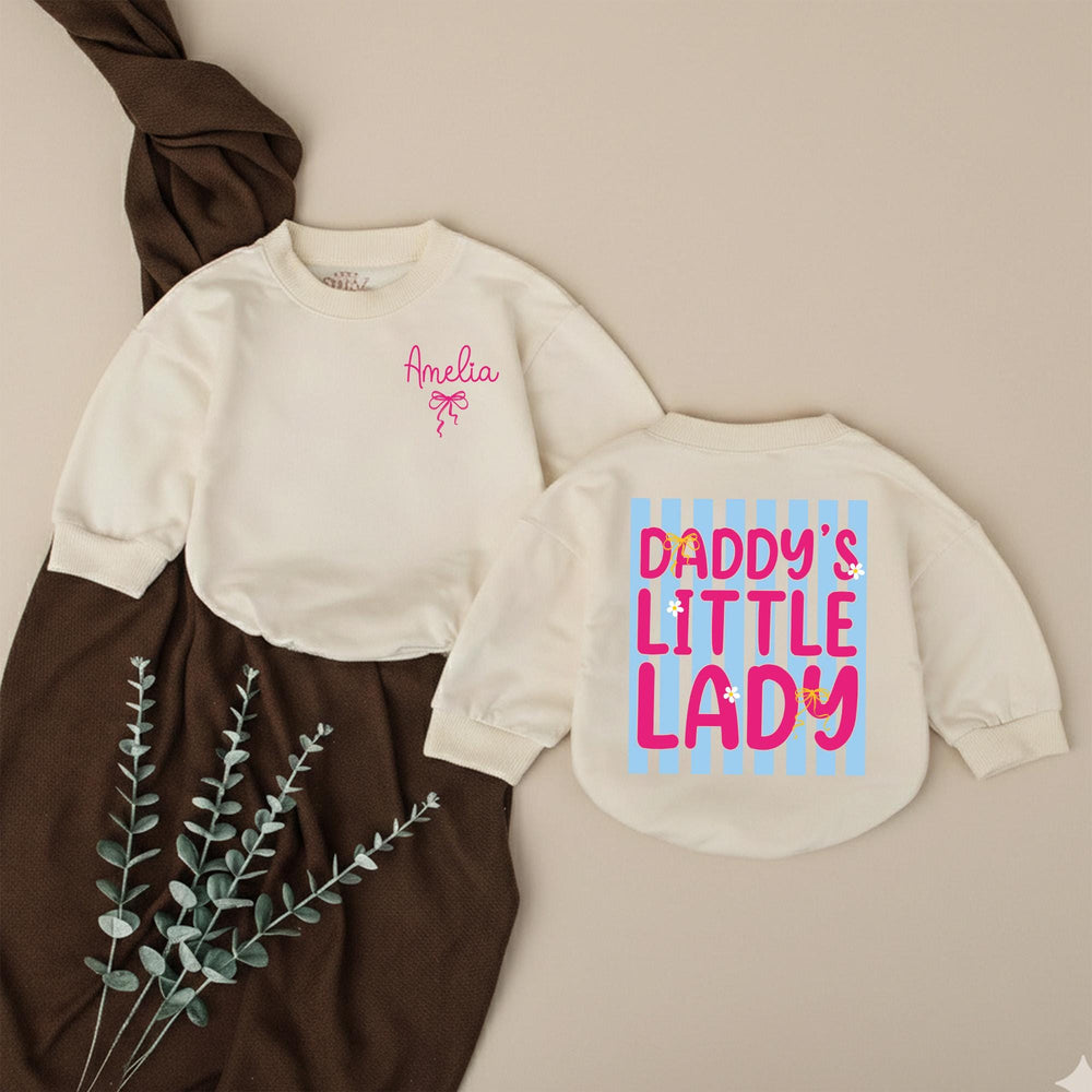 Personalized Baby Girl Bubble Romper with Pink Bow Daddy's Little Lady Blue Stripe Design Soft Cotton Outfit Gift for Girl Dad