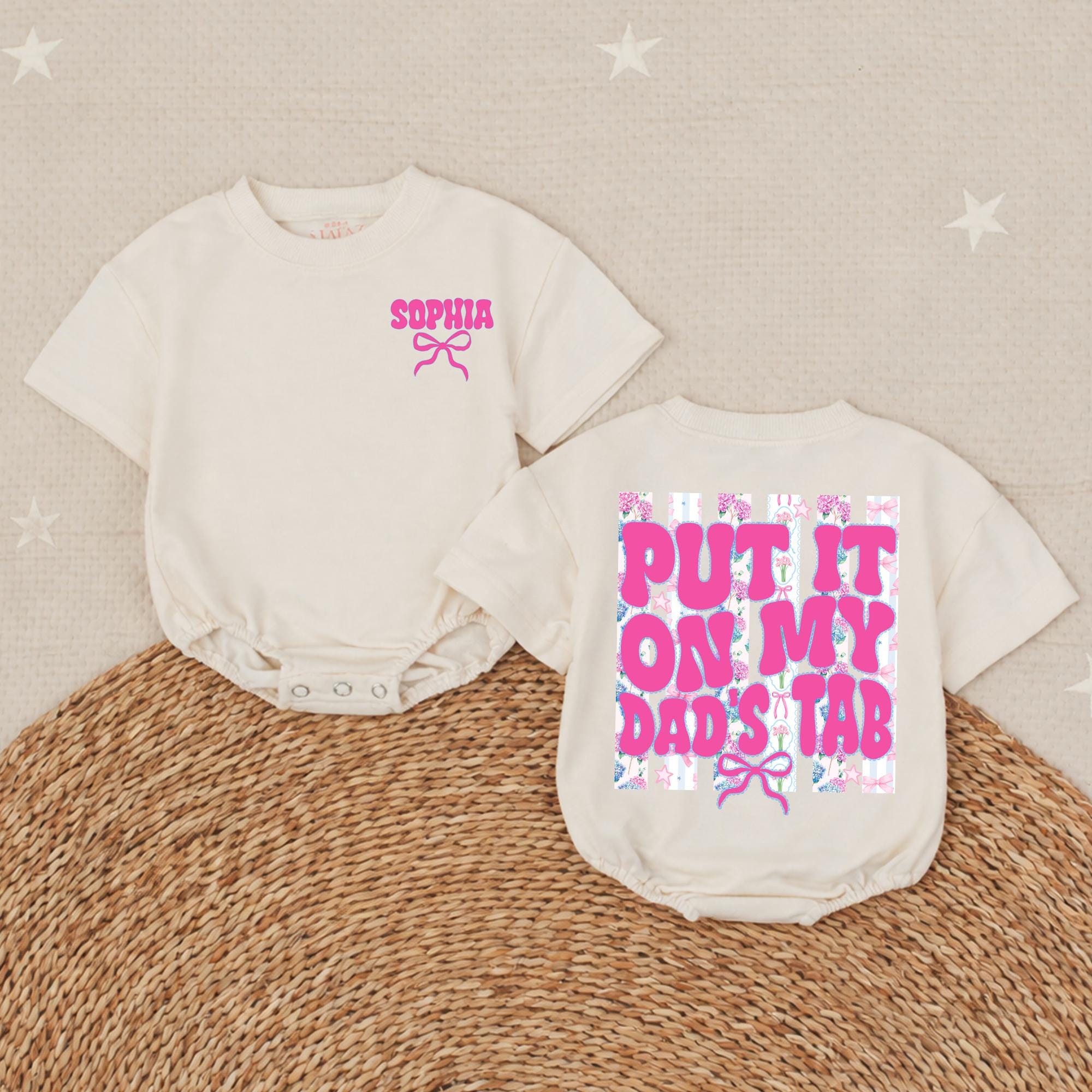 Personalized Baby Girl Bubble Romper with Retro Pink Bow Design Put It On My Dad's Tab Infant Outfit Soft Cotton Birthday Gift