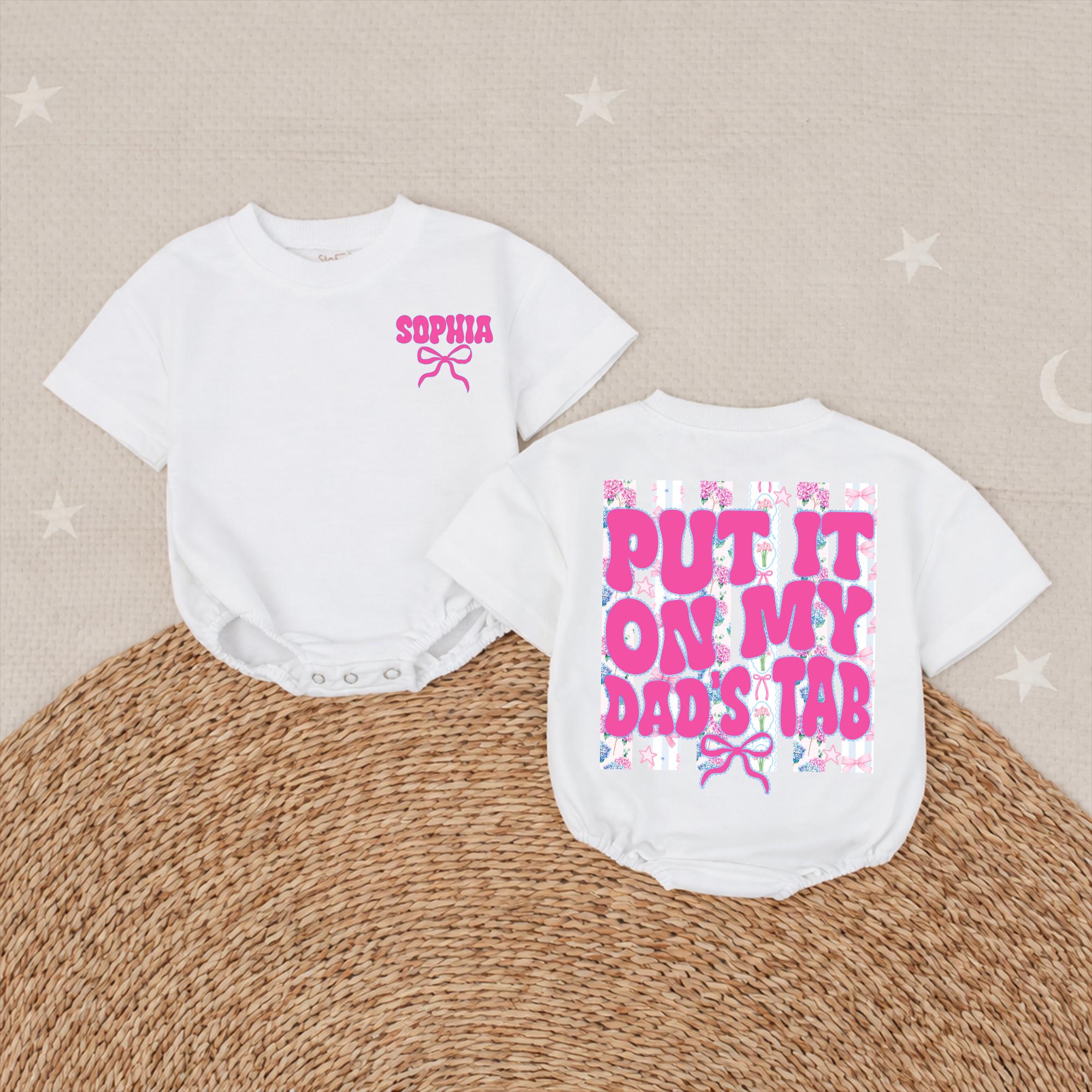 Personalized Baby Girl Bubble Romper with Retro Pink Bow Design Put It On My Dad's Tab Infant Outfit Soft Cotton Birthday Gift