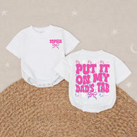 Personalized Baby Girl Bubble Romper with Retro Pink Bow Design Put It On My Dad's Tab Infant Outfit Soft Cotton Birthday Gift