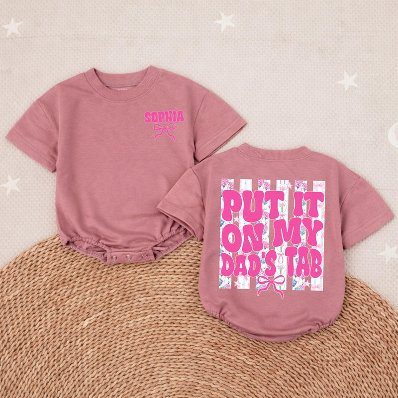 Personalized Baby Girl Bubble Romper with Retro Pink Bow Design Put It On My Dad's Tab Infant Outfit Soft Cotton Birthday Gift