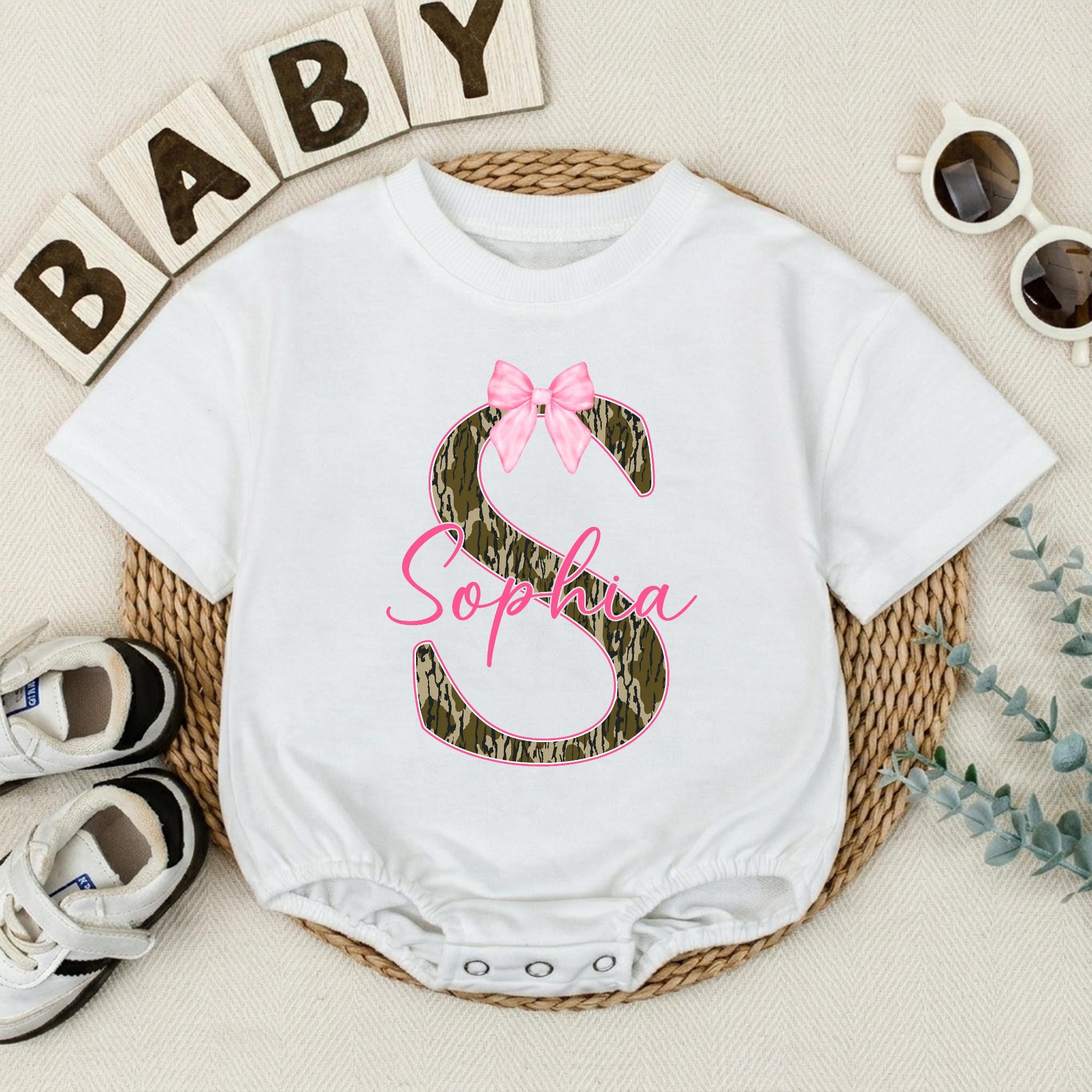 Personalized Baby Girl Camo Romper with Pink Bow and Name Woodland Camouflage Outfit Soft Cotton Newborn Coming Home or Baby Shower Gift