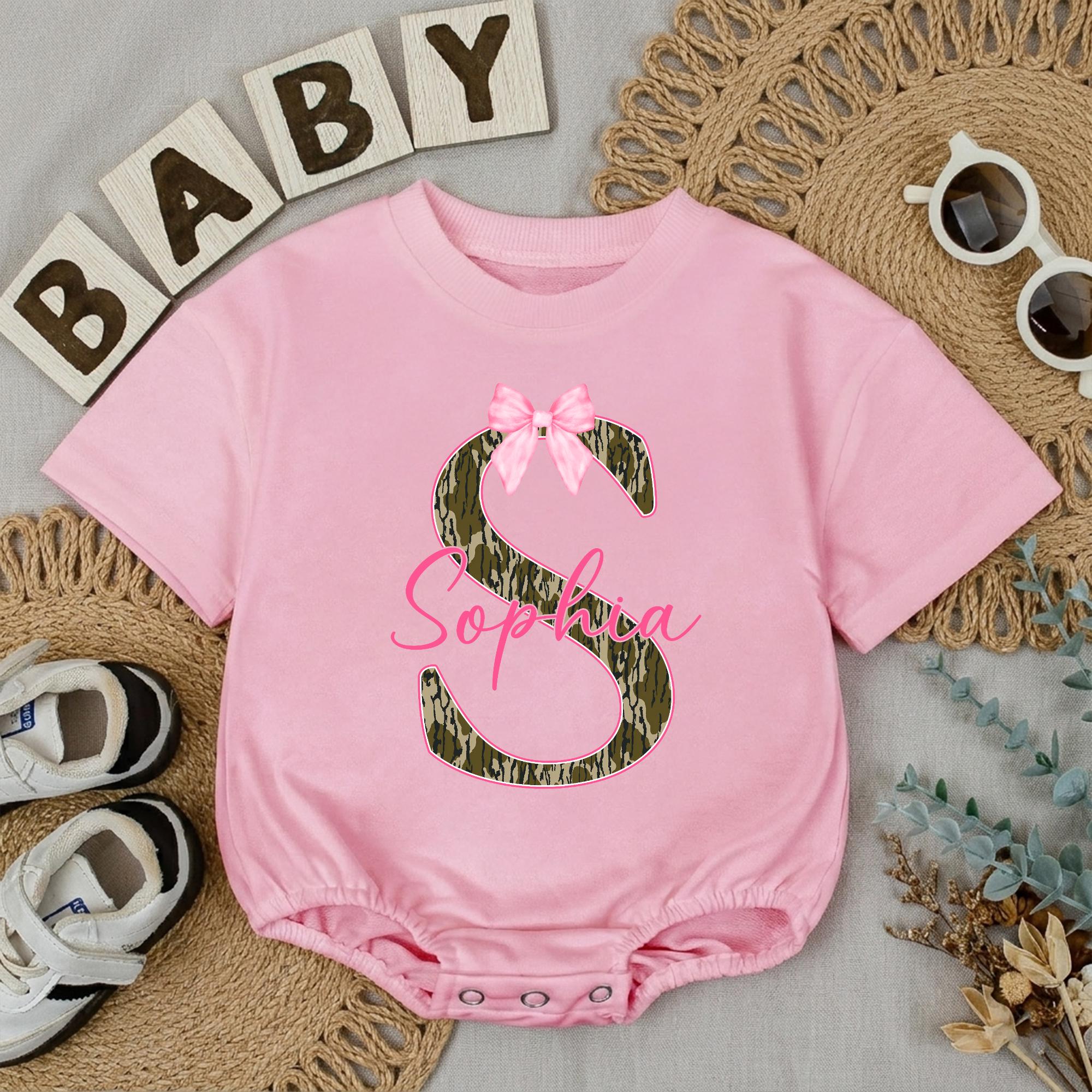 Personalized Baby Girl Camo Romper with Pink Bow and Name Woodland Camouflage Outfit Soft Cotton Newborn Coming Home or Baby Shower Gift