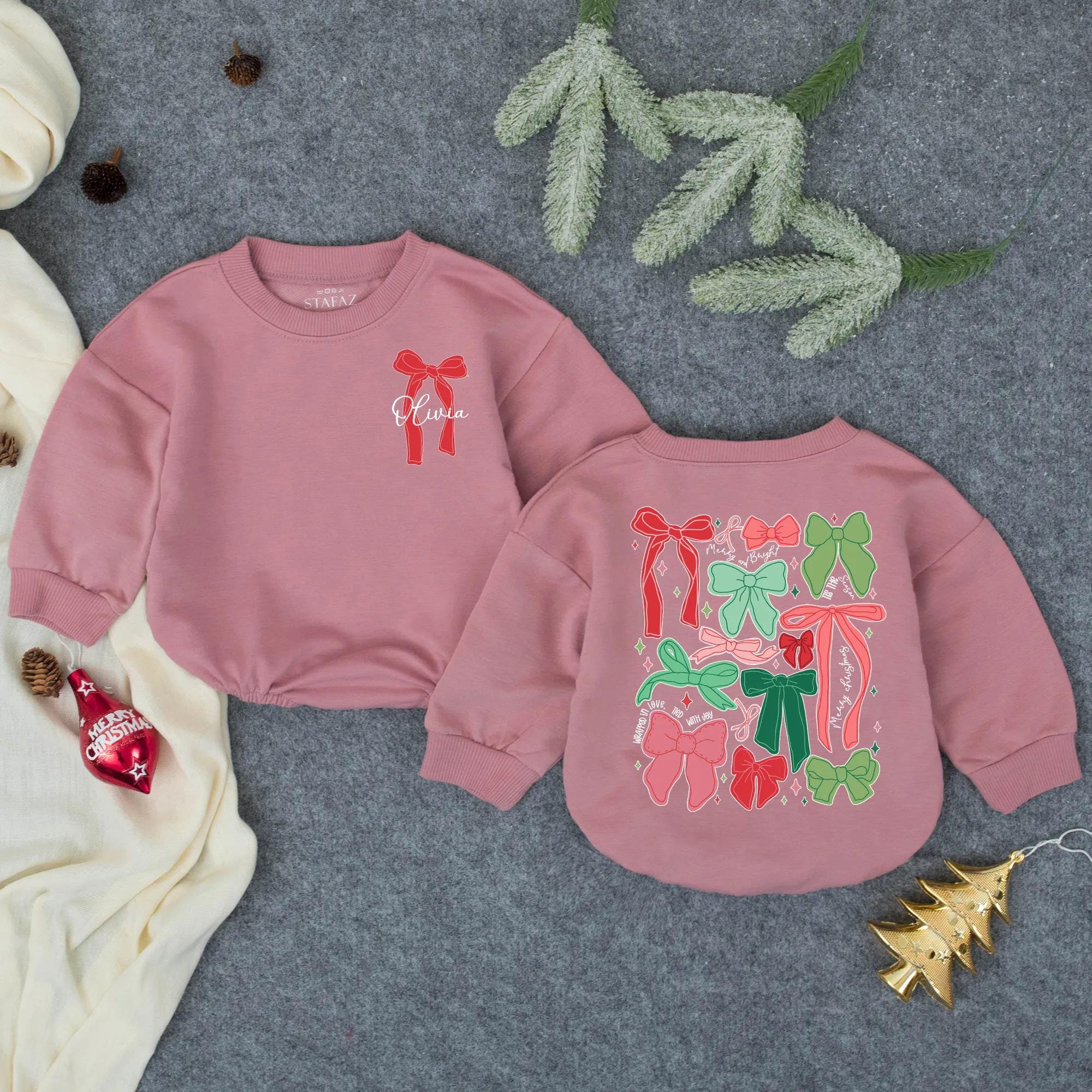 Personalized Baby Girl Christmas Bow Romper Festive Holiday Outfit Soft Cotton Toddler Bodysuit Custom Name Winter Gift Shower