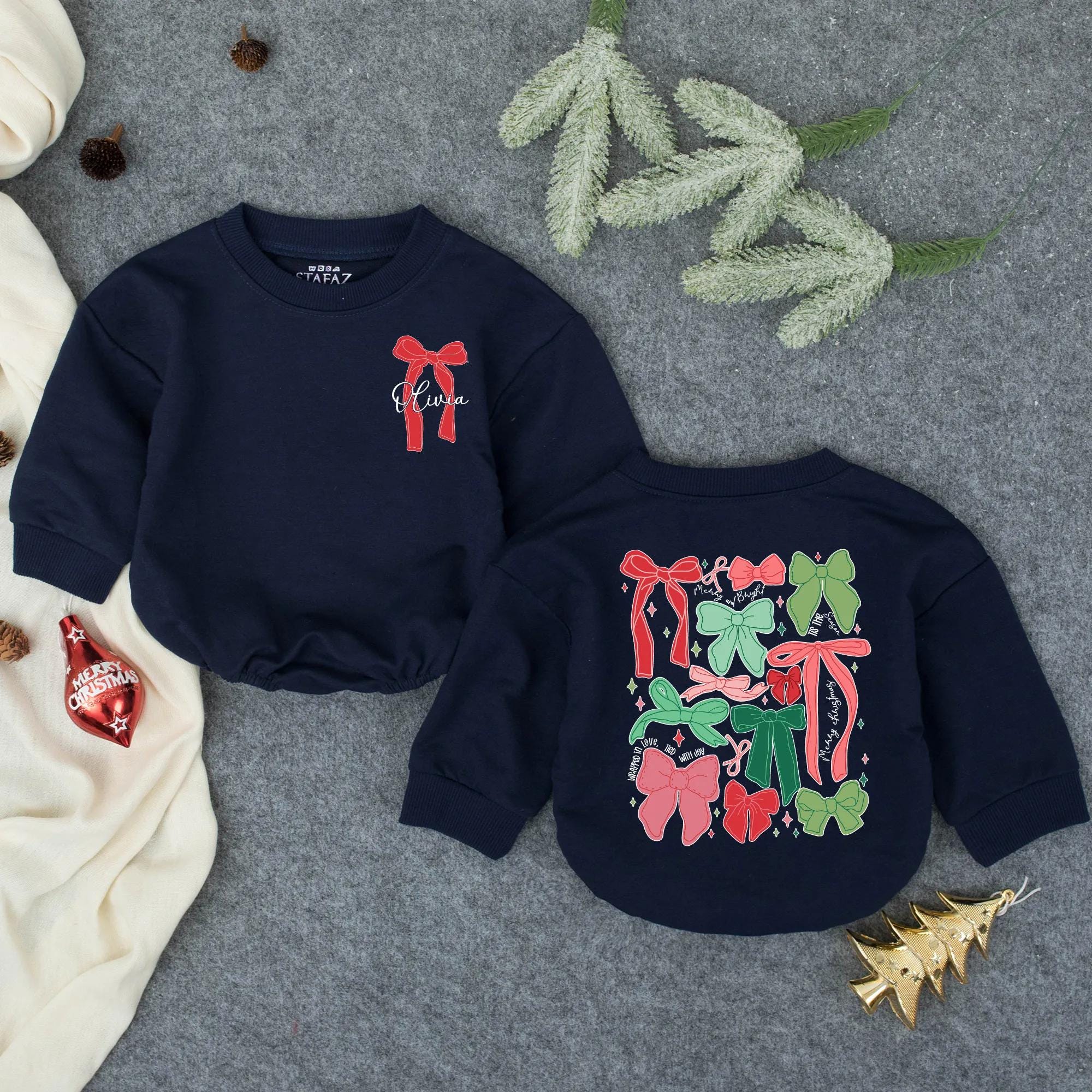 Personalized Baby Girl Christmas Bow Romper Festive Holiday Outfit Soft Cotton Toddler Bodysuit Custom Name Winter Gift Shower