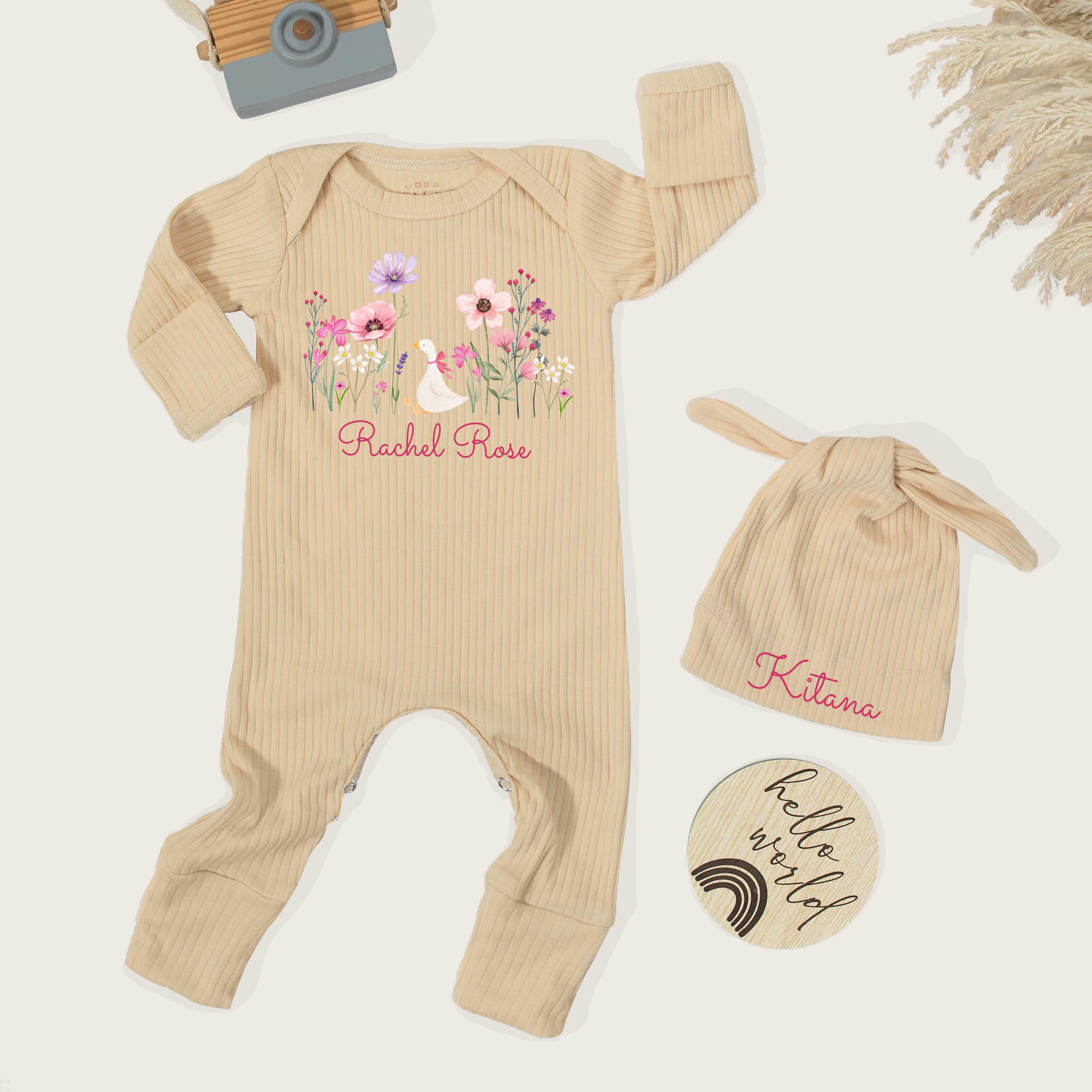 Personalized Baby Girl Coming Home Outfit with Floral Goose Design, Custom Name Bodysuit & Hat Set, Soft Cotton Newborn Hospital Clothes