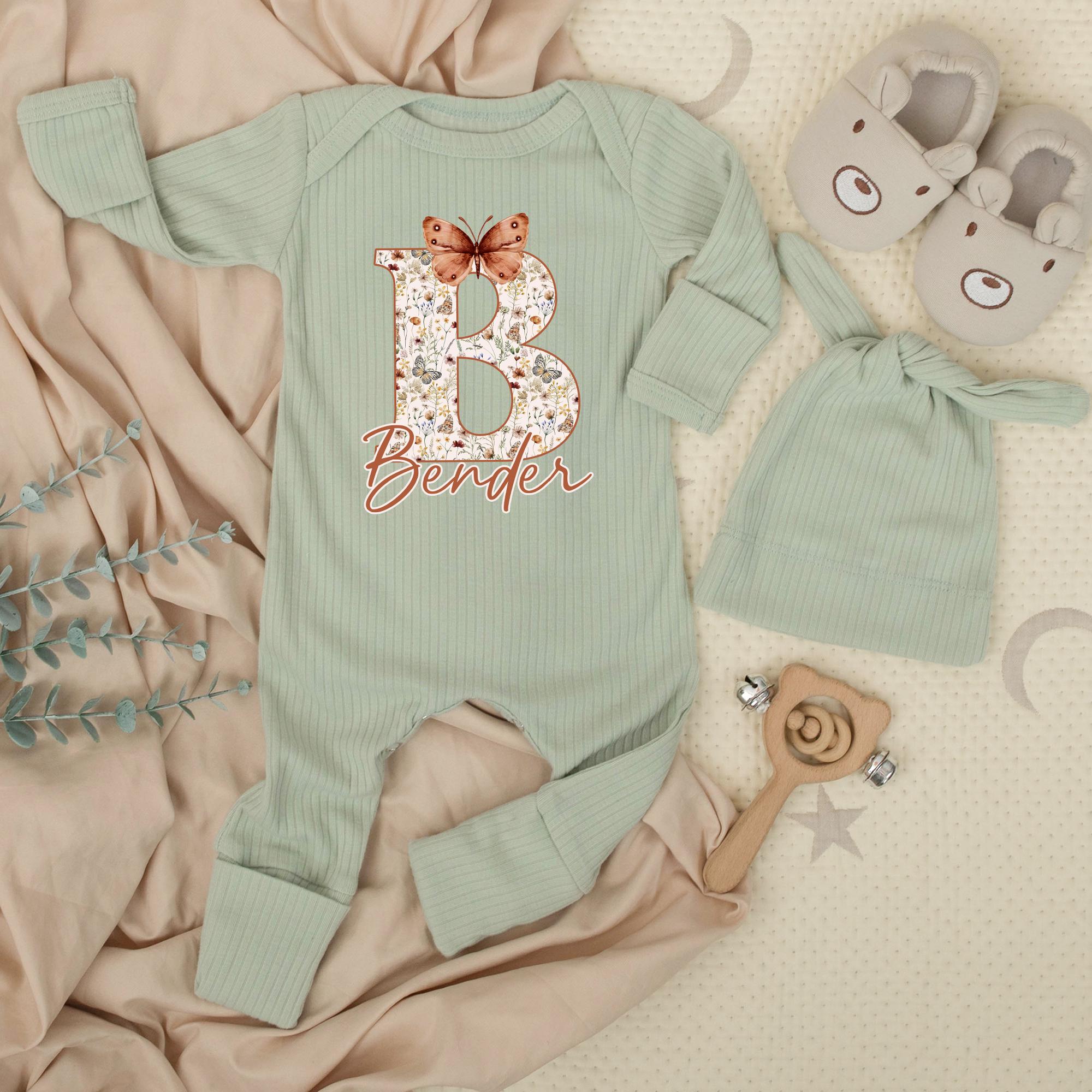 Personalized Baby Girl Coming Home Outfit with Monogram B Design Newborn Bodysuit Set Custom Name Baby Shower Gift Soft Cotton Clothes