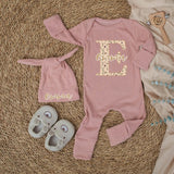 Personalized Baby Girl Coming Home Outfit - Floral Monogram Bodysuit & Knotted Hat Set, Soft Cotton Newborn Gift for Baby Shower or Hospital