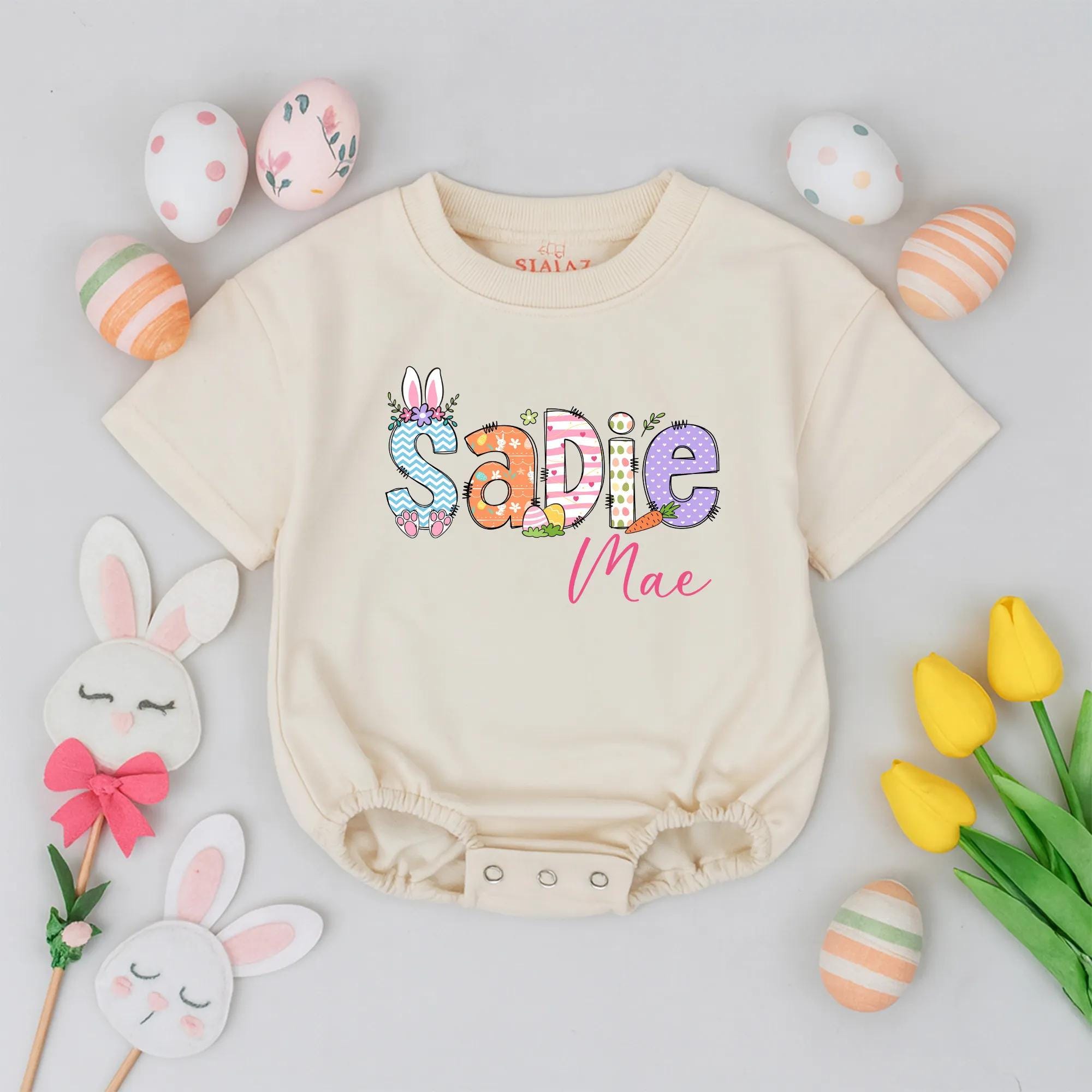 Personalized Baby Girl Easter Romper with Pastel Sadie Mae Design Bunny Ears Cute 1st Easter Outfit Spring Baby Shower Gift