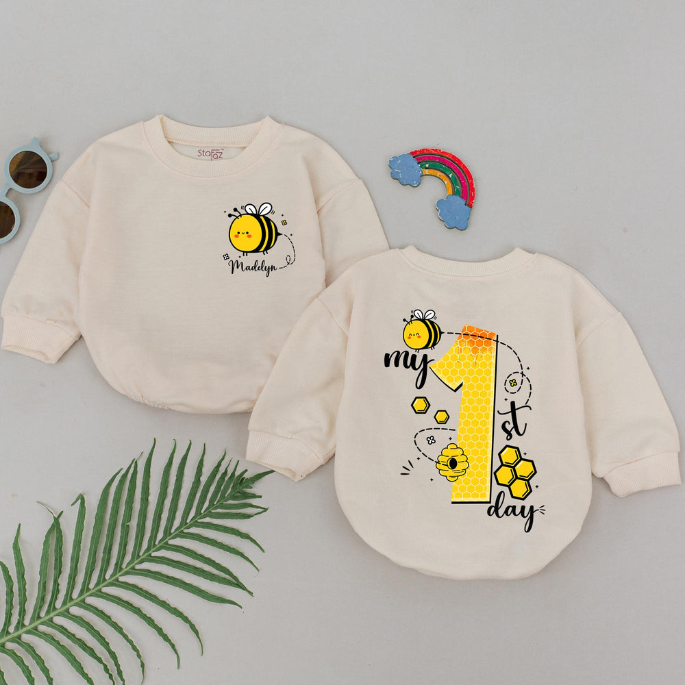 Personalized Baby Girl First Bee Day Romper with Bumblebee Design, Custom Name and Honeycomb Number, Cute Birthday Outfit for 1st Party