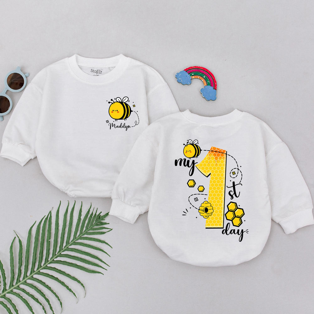 Personalized Baby Girl First Bee Day Romper with Bumblebee Design, Custom Name and Honeycomb Number, Cute Birthday Outfit for 1st Party