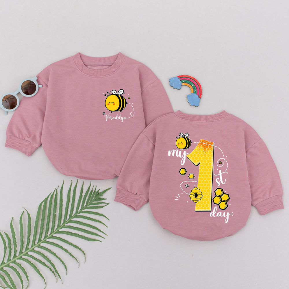 Personalized Baby Girl First Bee Day Romper with Bumblebee Design, Custom Name and Honeycomb Number, Cute Birthday Outfit for 1st Party
