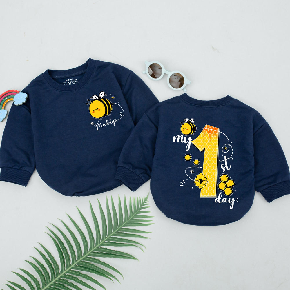 Personalized Baby Girl First Bee Day Romper with Bumblebee Design, Custom Name and Honeycomb Number, Cute Birthday Outfit for 1st Party