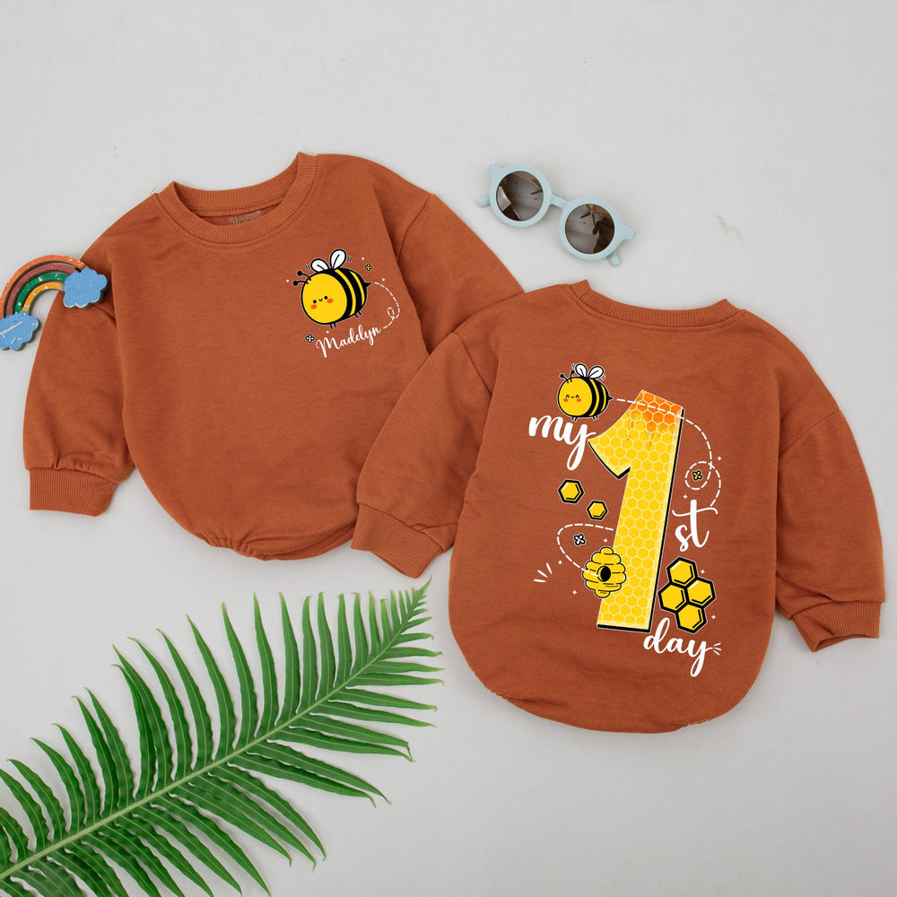 Personalized Baby Girl First Bee Day Romper with Bumblebee Design, Custom Name and Honeycomb Number, Cute Birthday Outfit for 1st Party