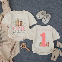 Personalized Baby Girl First Birthday Bubble Romper One for the Books Outfit Coral Pink Wildflower Design Cake Smash Photo Clothes