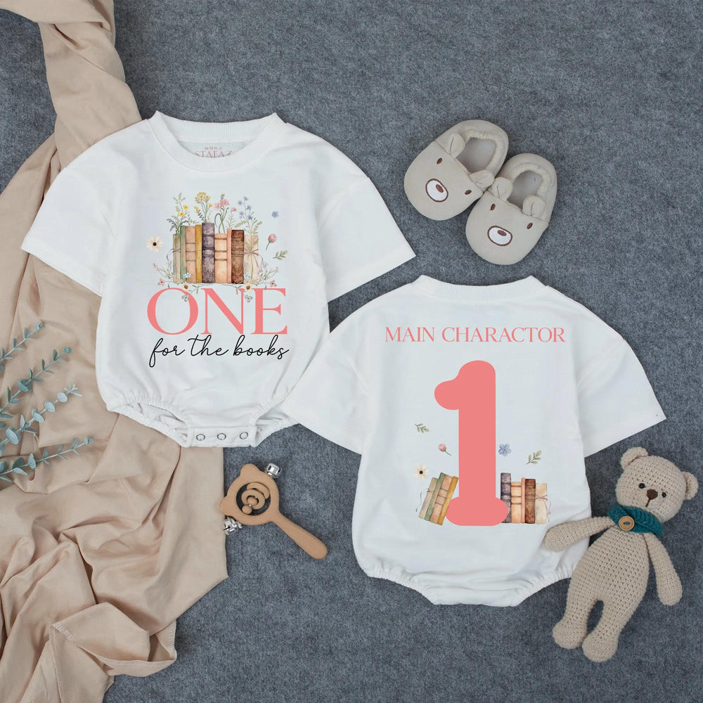 Personalized Baby Girl First Birthday Bubble Romper One for the Books Outfit Coral Pink Wildflower Design Cake Smash Photo Clothes
