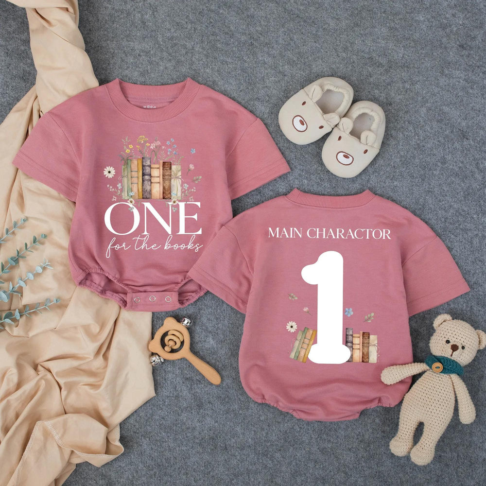 Personalized Baby Girl First Birthday Bubble Romper One for the Books Outfit Coral Pink Wildflower Design Cake Smash Photo Clothes
