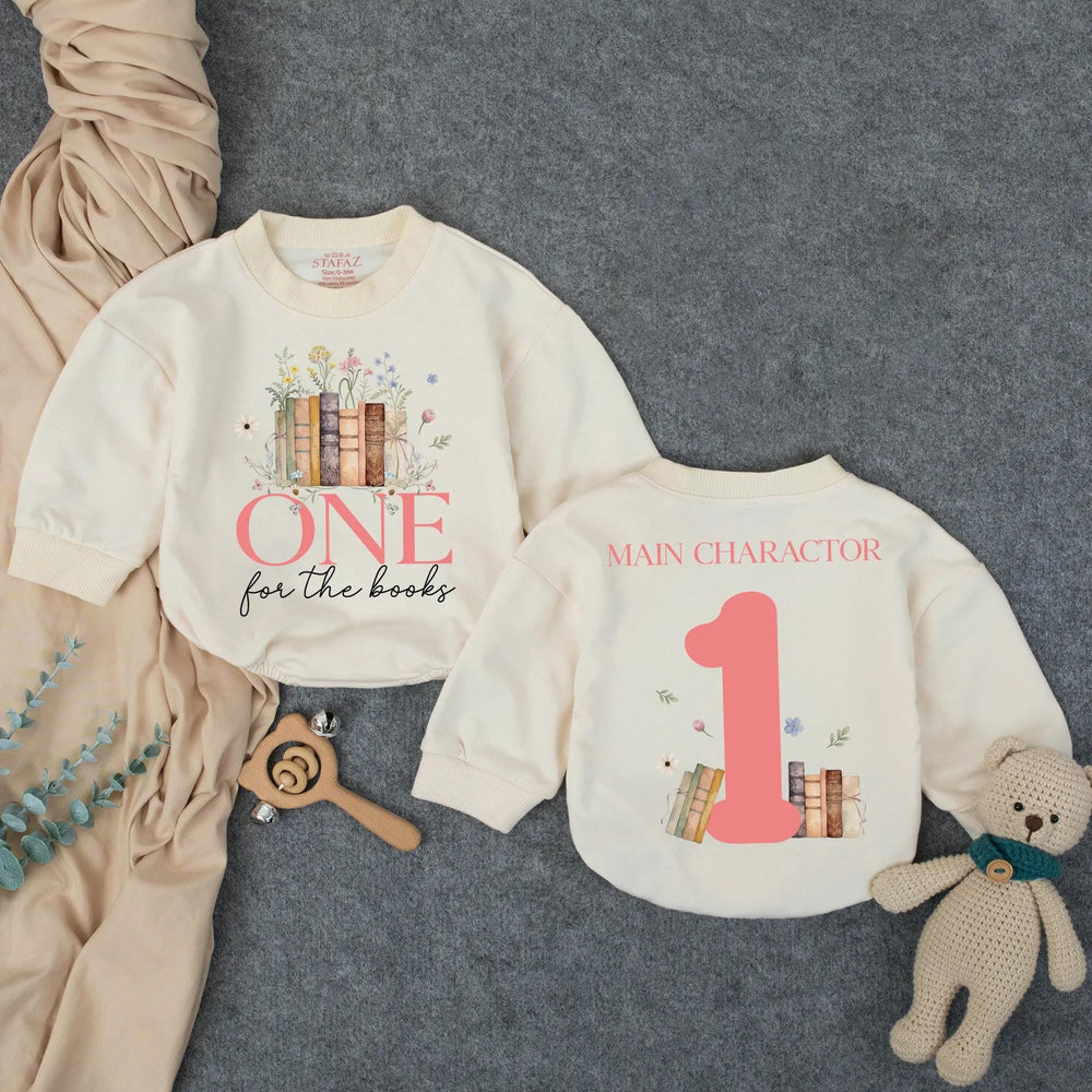 Personalized Baby Girl First Birthday Bubble Romper One for the Books Outfit Coral Pink Wildflower Design Cake Smash Photo Clothes