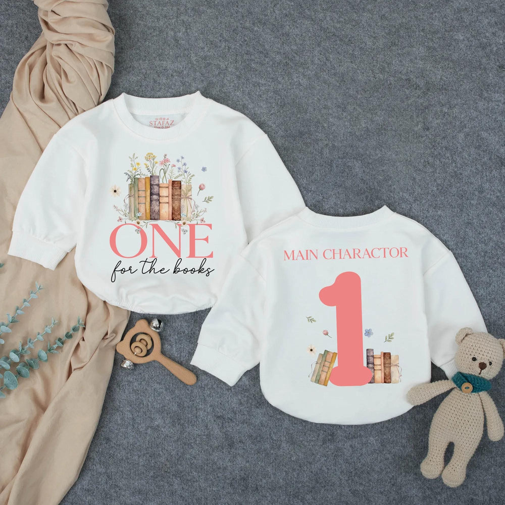 Personalized Baby Girl First Birthday Bubble Romper One for the Books Outfit Coral Pink Wildflower Design Cake Smash Photo Clothes