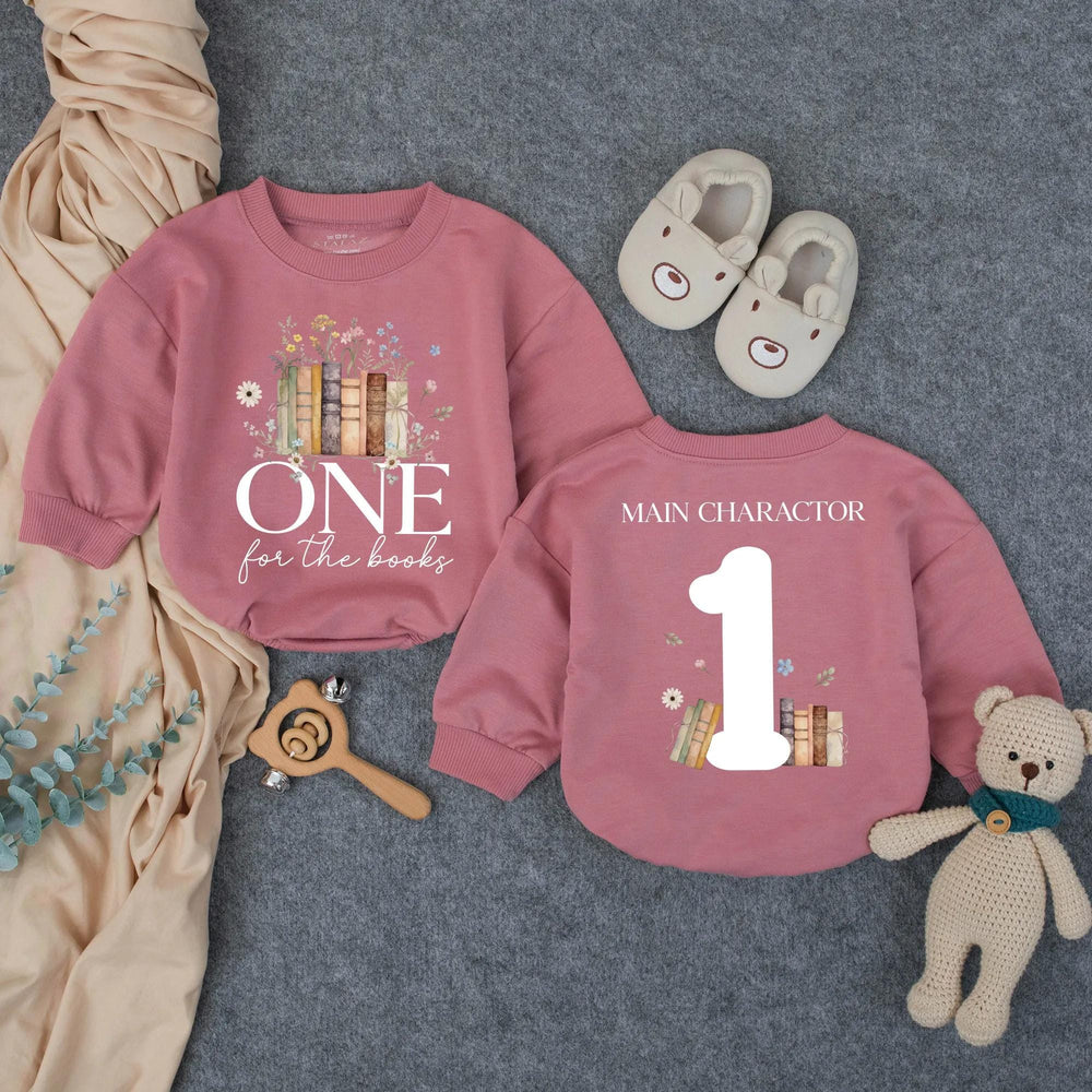 Personalized Baby Girl First Birthday Bubble Romper One for the Books Outfit Coral Pink Wildflower Design Cake Smash Photo Clothes