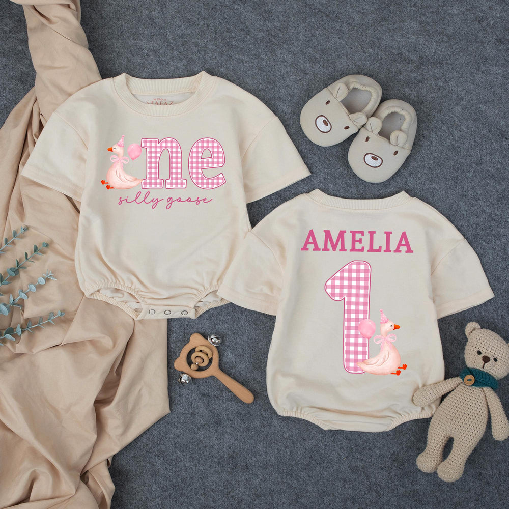 Personalized Baby Girl First Birthday Outfit with Silly Goose Design, Pink Party Hat, Gingham One Romper, Custom Name Cute Celebration Gift