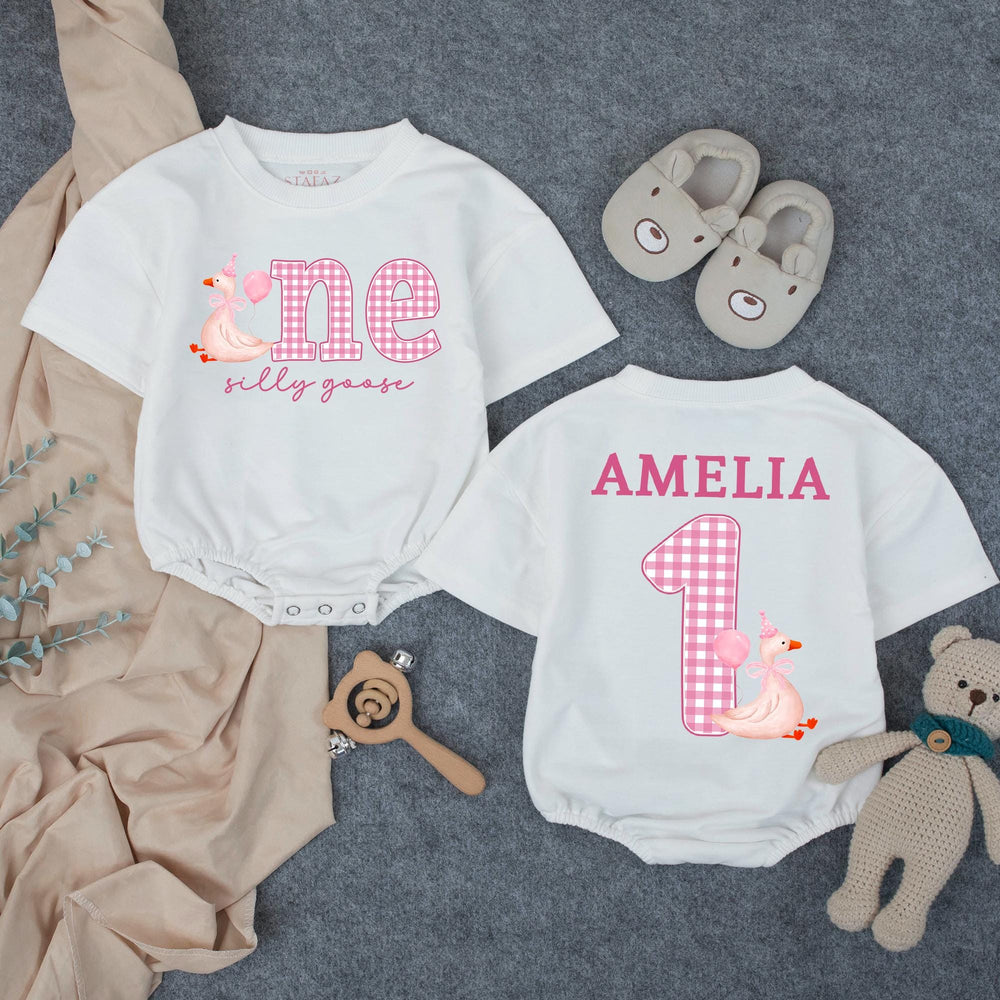 Personalized Baby Girl First Birthday Outfit with Silly Goose Design, Pink Party Hat, Gingham One Romper, Custom Name Cute Celebration Gift