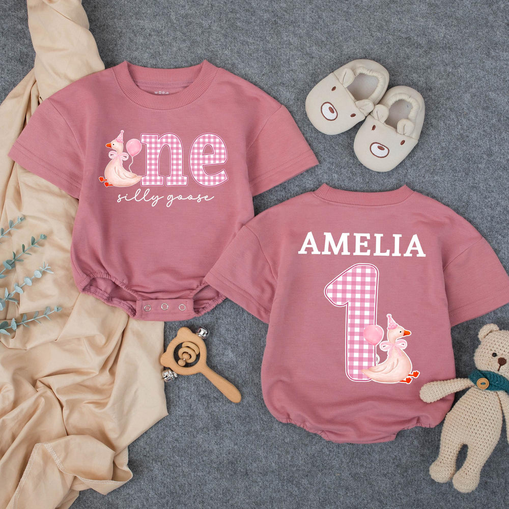 Personalized Baby Girl First Birthday Outfit with Silly Goose Design, Pink Party Hat, Gingham One Romper, Custom Name Cute Celebration Gift
