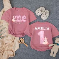 Personalized Baby Girl First Birthday Outfit with Silly Goose Design, Pink Party Hat, Gingham One Romper, Custom Name Cute Celebration Gift