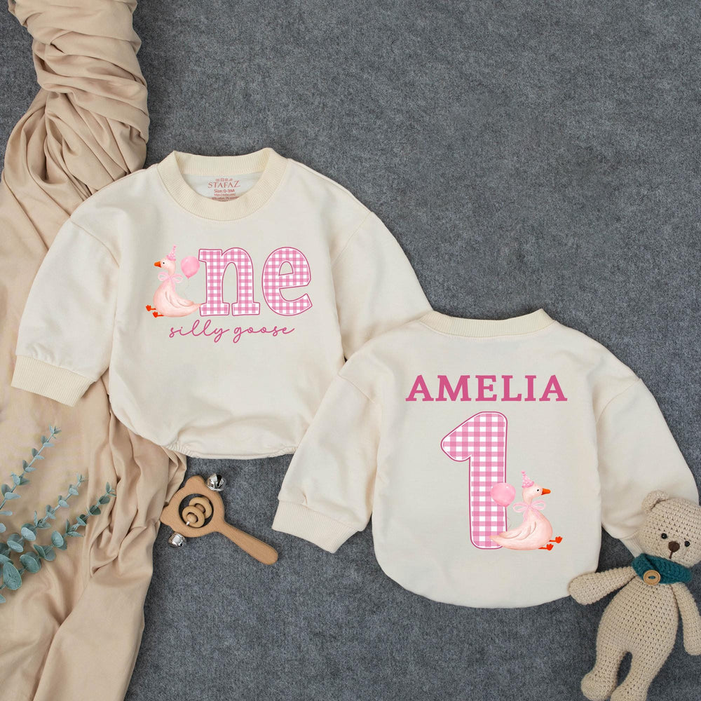 Personalized Baby Girl First Birthday Outfit with Silly Goose Design, Pink Party Hat, Gingham One Romper, Custom Name Cute Celebration Gift