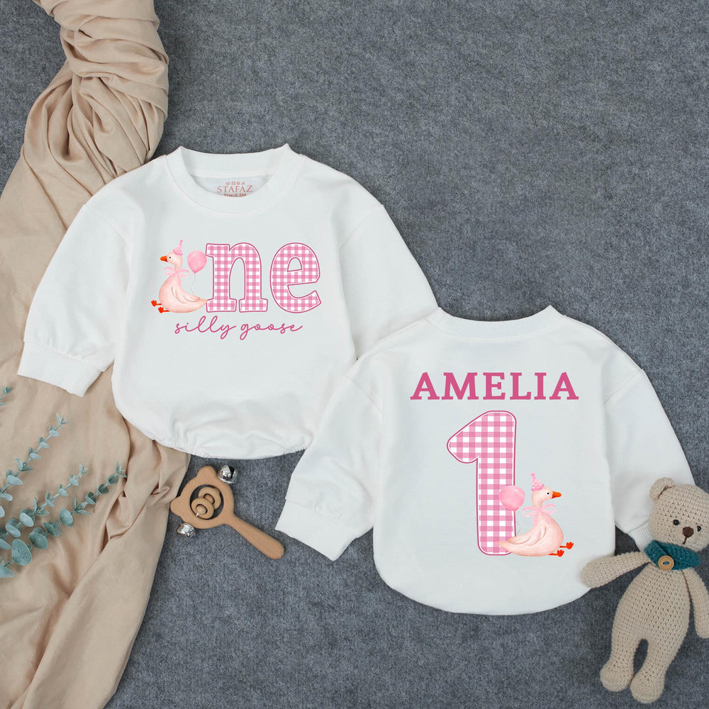 Personalized Baby Girl First Birthday Outfit with Silly Goose Design, Pink Party Hat, Gingham One Romper, Custom Name Cute Celebration Gift