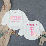 Personalized Baby Girl First Birthday Outfit with Silly Goose Design, Pink Party Hat, Gingham One Romper, Custom Name Cute Celebration Gift