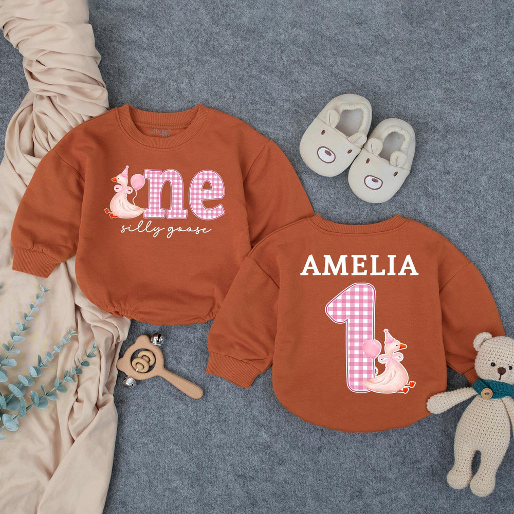 Personalized Baby Girl First Birthday Outfit with Silly Goose Design, Pink Party Hat, Gingham One Romper, Custom Name Cute Celebration Gift