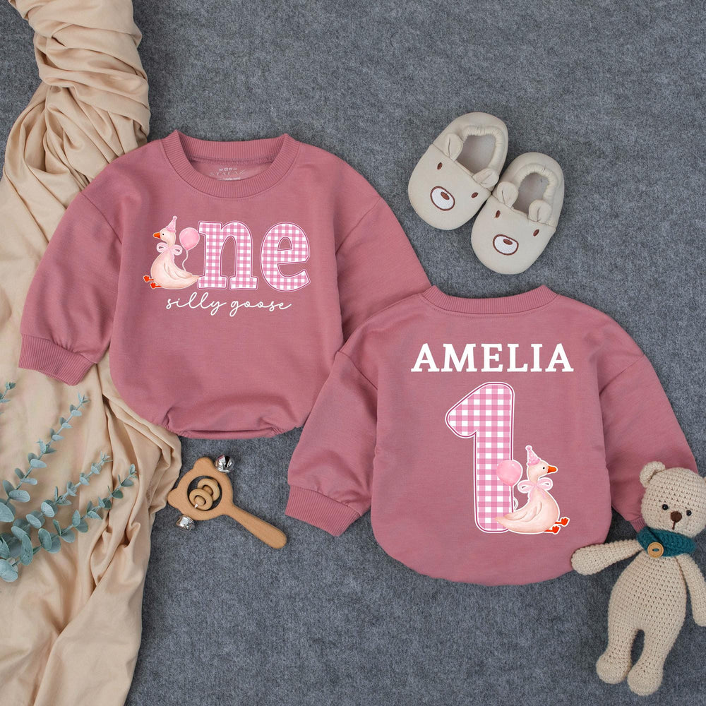 Personalized Baby Girl First Birthday Outfit with Silly Goose Design, Pink Party Hat, Gingham One Romper, Custom Name Cute Celebration Gift