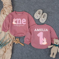 Personalized Baby Girl First Birthday Outfit with Silly Goose Design, Pink Party Hat, Gingham One Romper, Custom Name Cute Celebration Gift