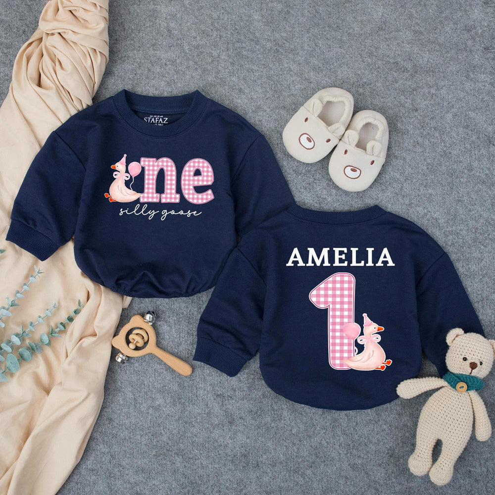 Personalized Baby Girl First Birthday Outfit with Silly Goose Design, Pink Party Hat, Gingham One Romper, Custom Name Cute Celebration Gift