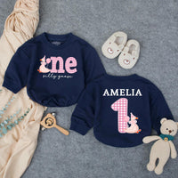Personalized Baby Girl First Birthday Outfit with Silly Goose Design, Pink Party Hat, Gingham One Romper, Custom Name Cute Celebration Gift
