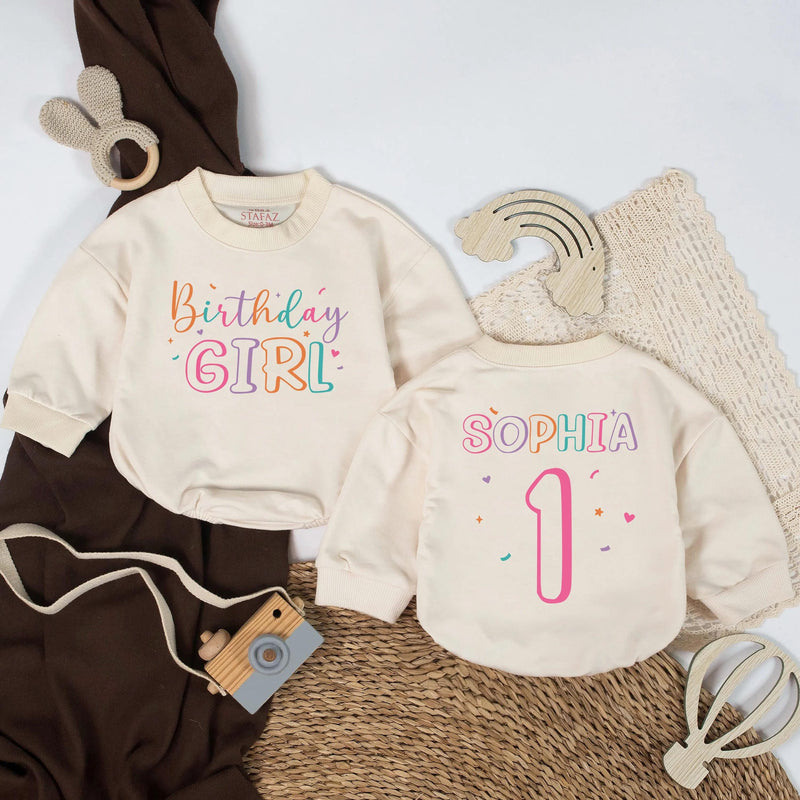 Personalized Baby Girl First Birthday Romper with Name and Age, Birthday Girl Outfit for Cake Smash, Colorful Confetti Design 1st Milestone Gift