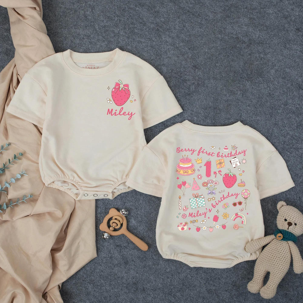 Personalized Baby Girl First Birthday Romper with Pink Strawberry Bow Design Sweet One Party Outfit Cute Infant Gift Idea