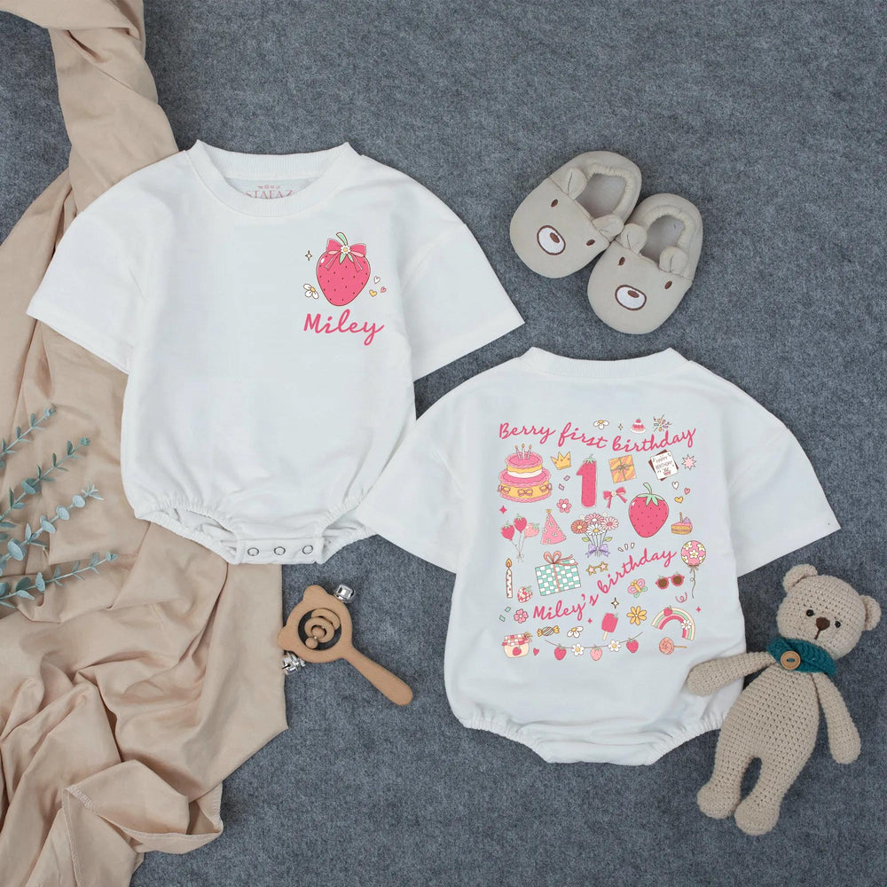 Personalized Baby Girl First Birthday Romper with Pink Strawberry Bow Design Sweet One Party Outfit Cute Infant Gift Idea