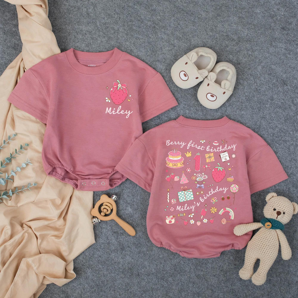Personalized Baby Girl First Birthday Romper with Pink Strawberry Bow Design Sweet One Party Outfit Cute Infant Gift Idea