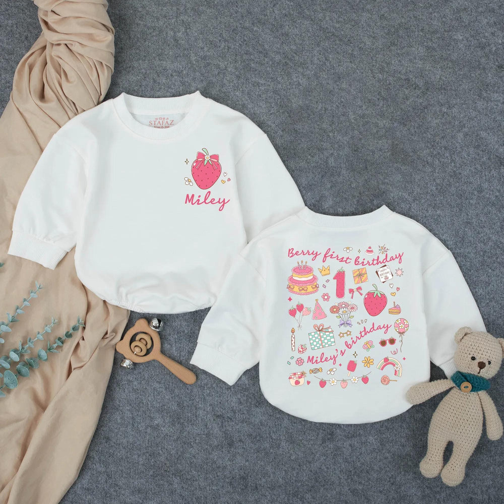 Personalized Baby Girl First Birthday Romper with Pink Strawberry Bow Design Sweet One Party Outfit Cute Infant Gift Idea
