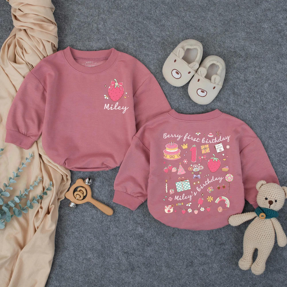 Personalized Baby Girl First Birthday Romper with Pink Strawberry Bow Design Sweet One Party Outfit Cute Infant Gift Idea