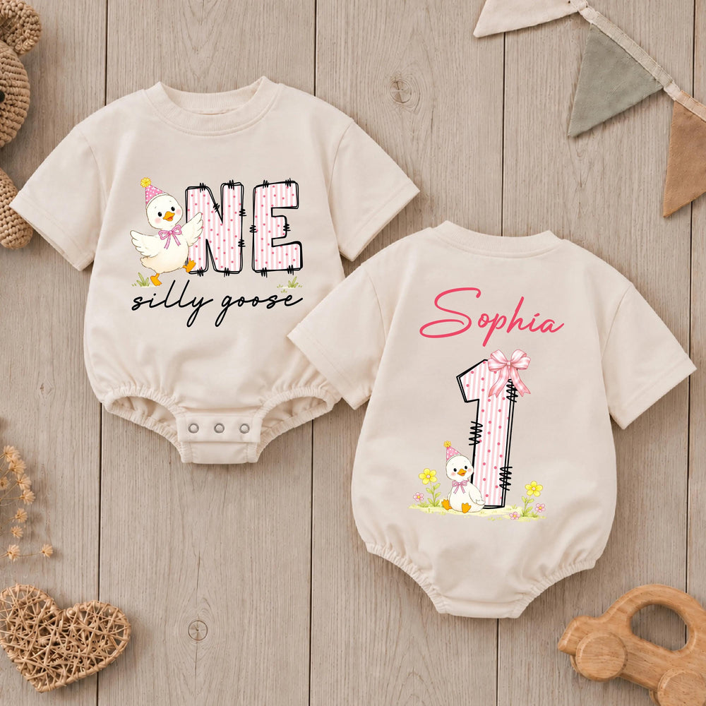 Personalized Baby Girl First Birthday Romper with Silly Goose Design and Pink Party Hat Custom Name Outfit Soft Cotton Celebration Clothes